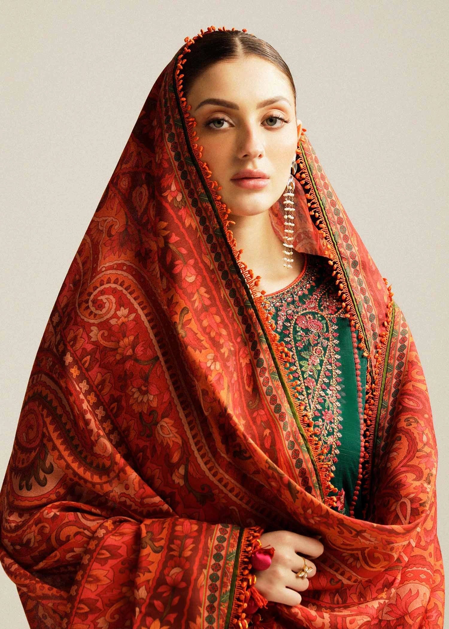 Bottle Green Embroidered Lawn Dress Design with Digital Prinnted Dupatta, Traditional Outfit