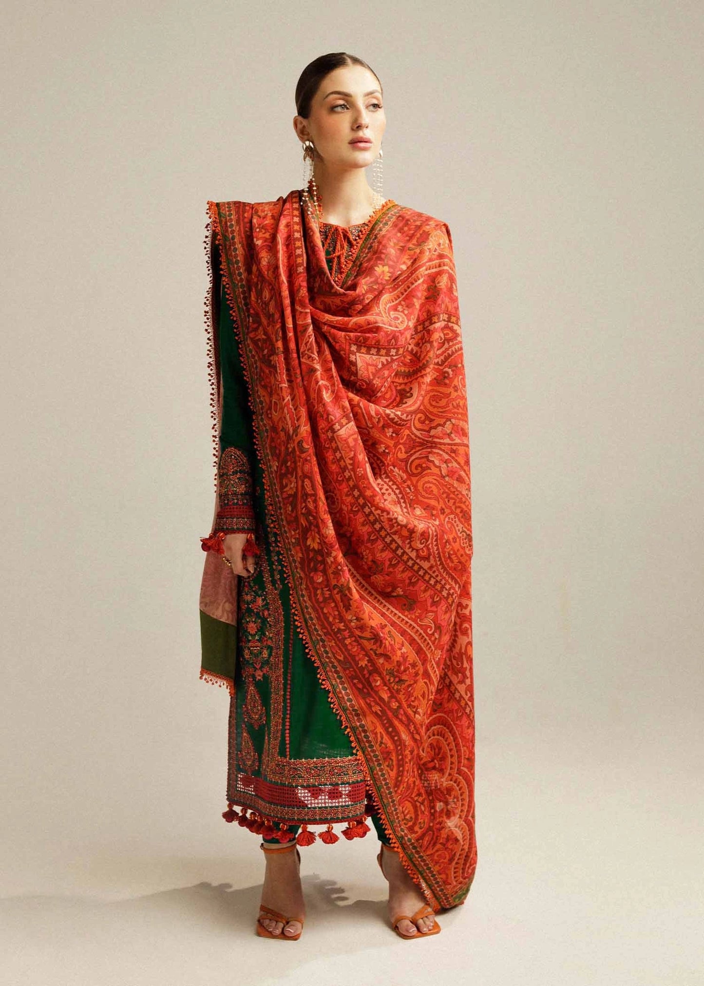 Bottle Green Embroidered Lawn Dress Design with Digital Prinnted Dupatta, Traditional Outfit