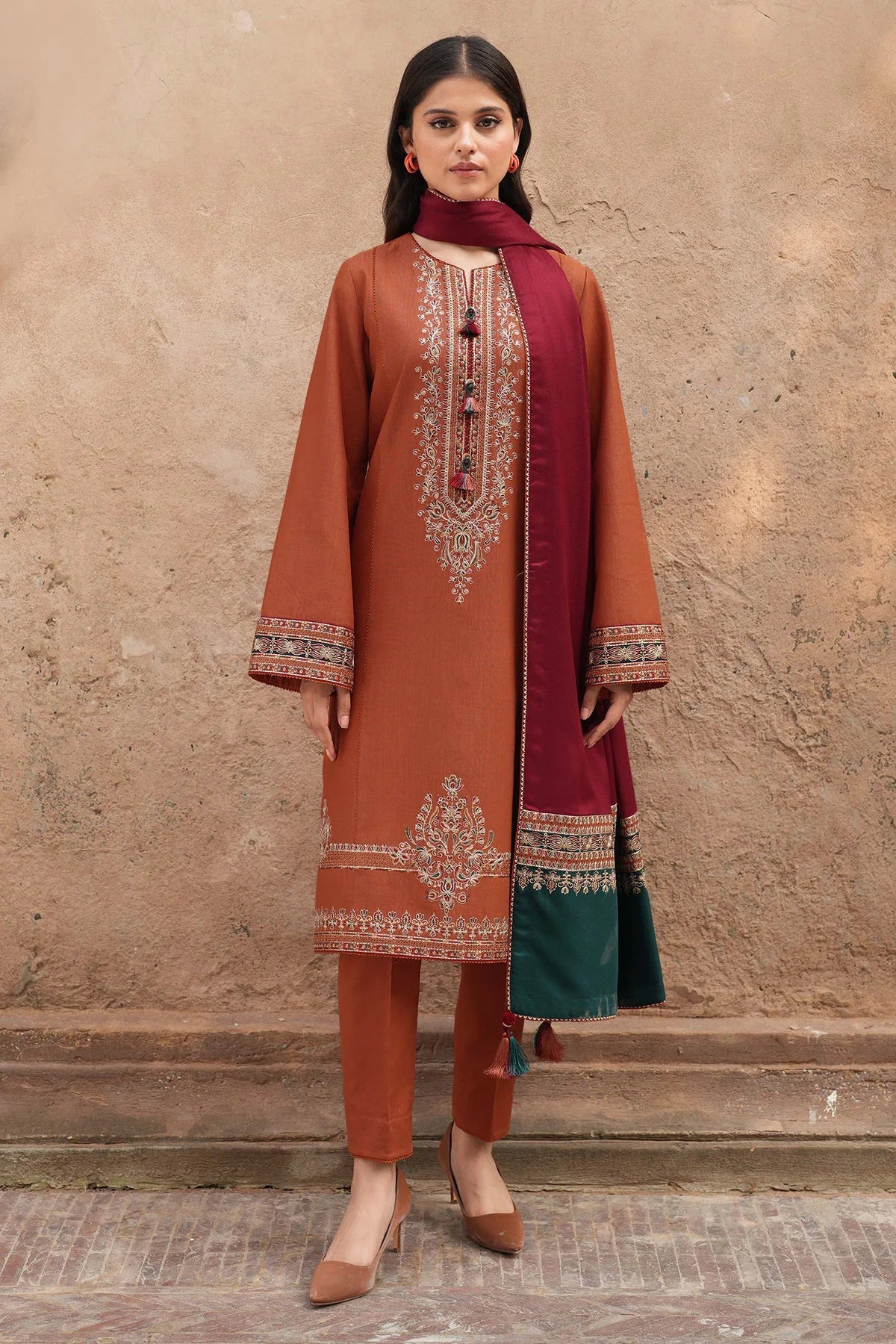 3-Piece Embroidered Dress with Printed Dupatta | Traditional Design