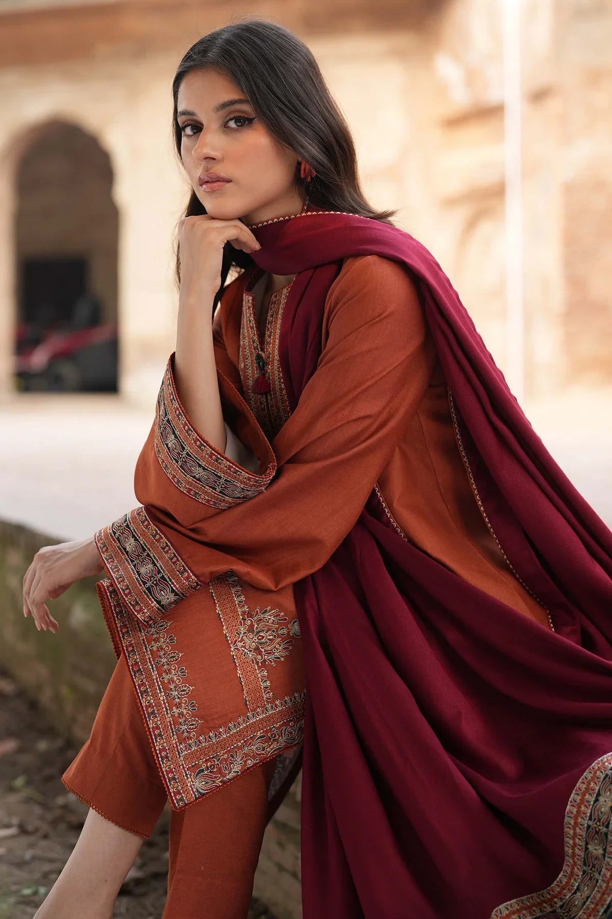 3-Piece Embroidered Dress with Printed Dupatta | Traditional Design