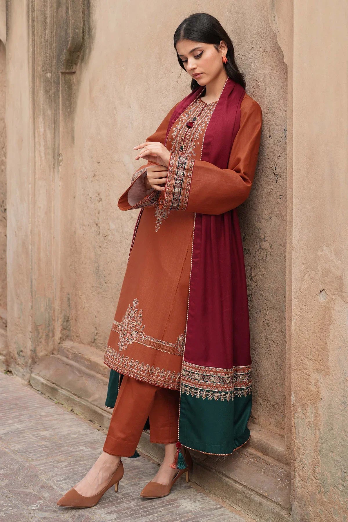 3-Piece Embroidered Dress with Printed Dupatta | Traditional Design