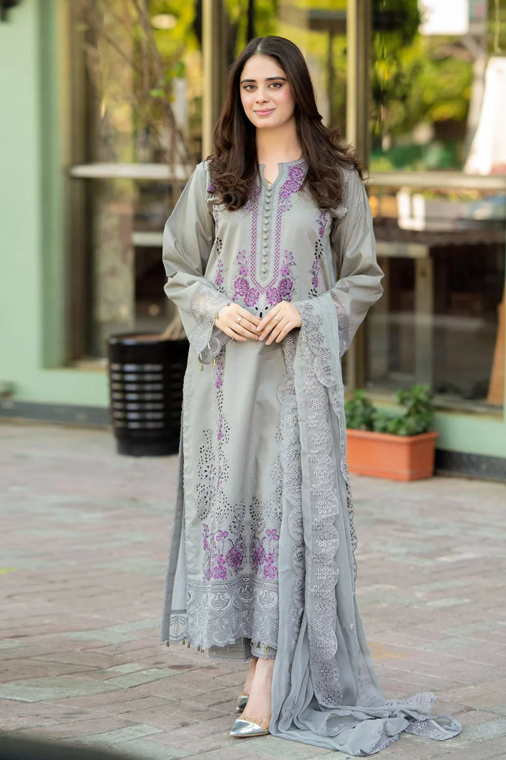 3-Piece Cool Toned Gray Outfit with Minimal Magenta Embroidery with Chikkankaari work