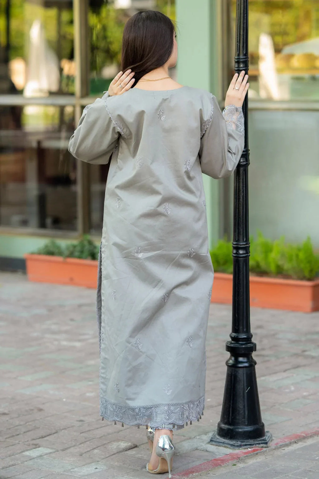 3-Piece Cool Toned Gray Outfit with Minimal Magenta Embroidery with Chikkankaari work