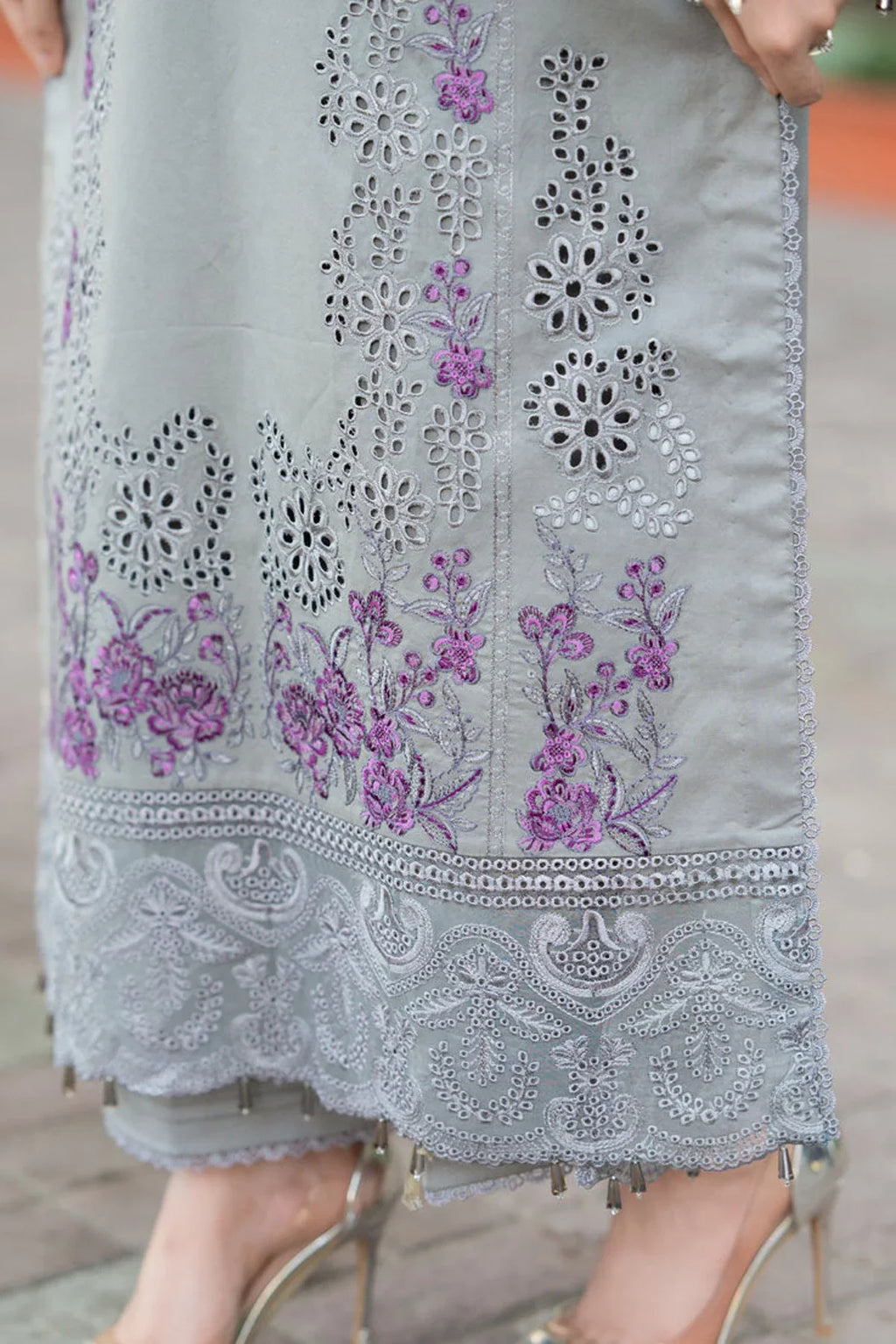 3-Piece Cool Toned Gray Outfit with Minimal Magenta Embroidery with Chikkankaari work