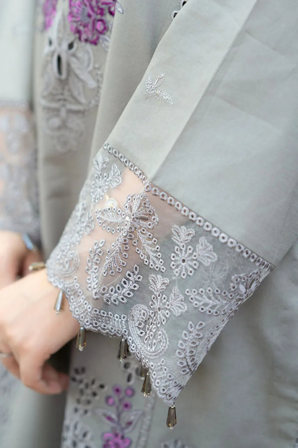 3-Piece Cool Toned Gray Outfit with Minimal Magenta Embroidery with Chikkankaari work