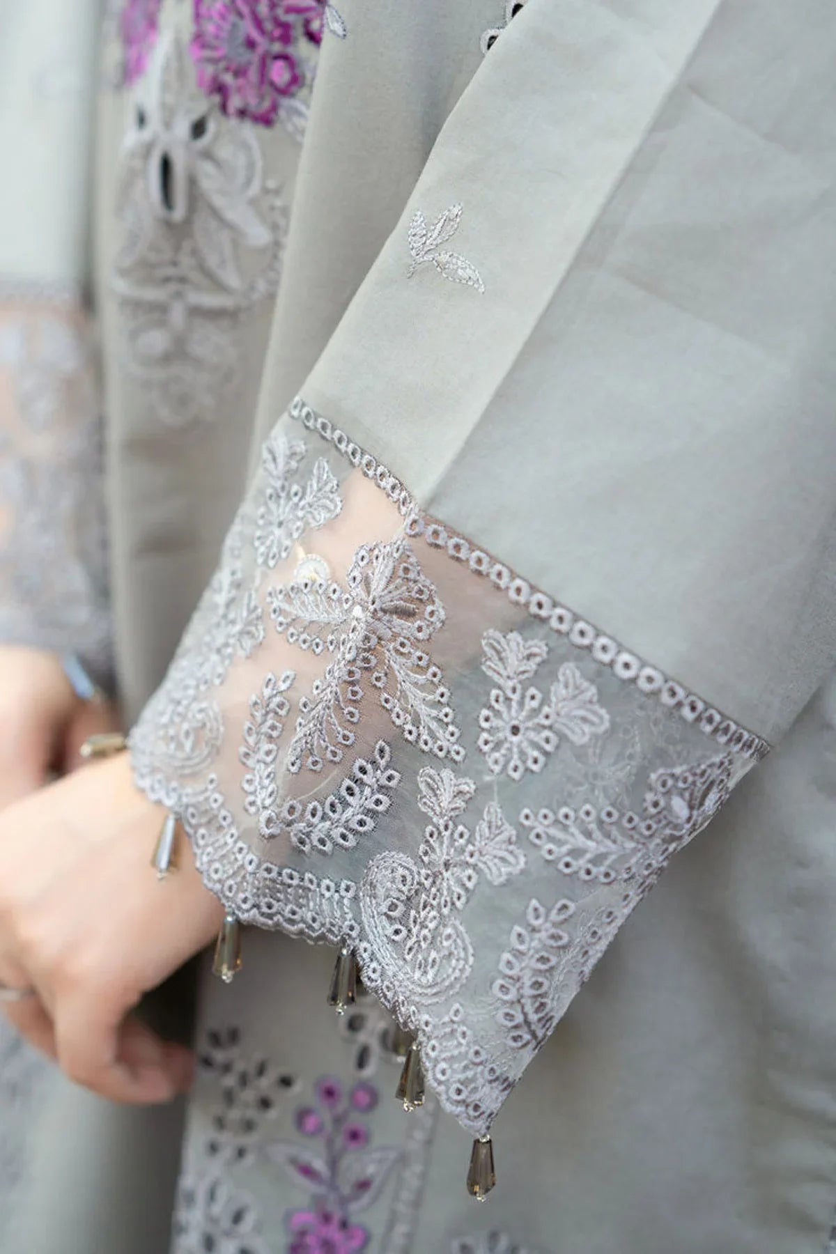 3-Piece Cool Toned Gray Outfit with Minimal Magenta Embroidery with Chikkankaari work