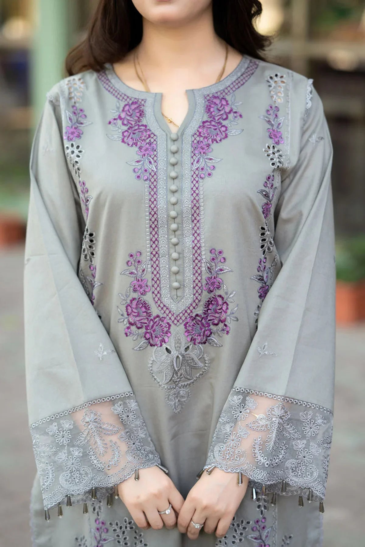 3-Piece Cool Toned Gray Outfit with Minimal Magenta Embroidery with Chikkankaari work