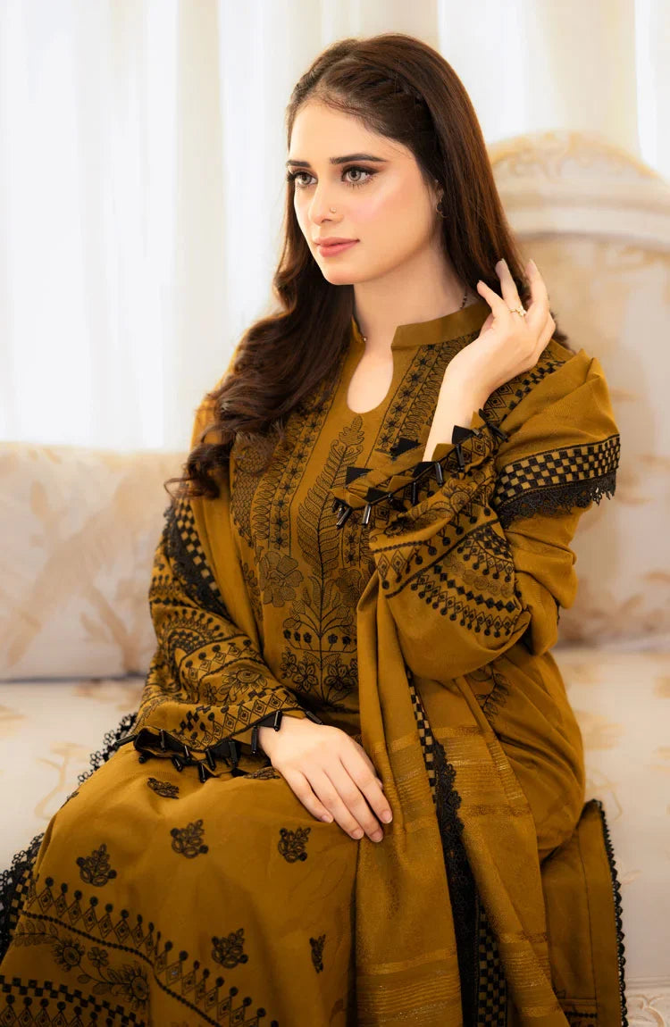 3-Piece Embroidered Dark Mustard Colored Dress with Bamber Sahfoon Dupatta