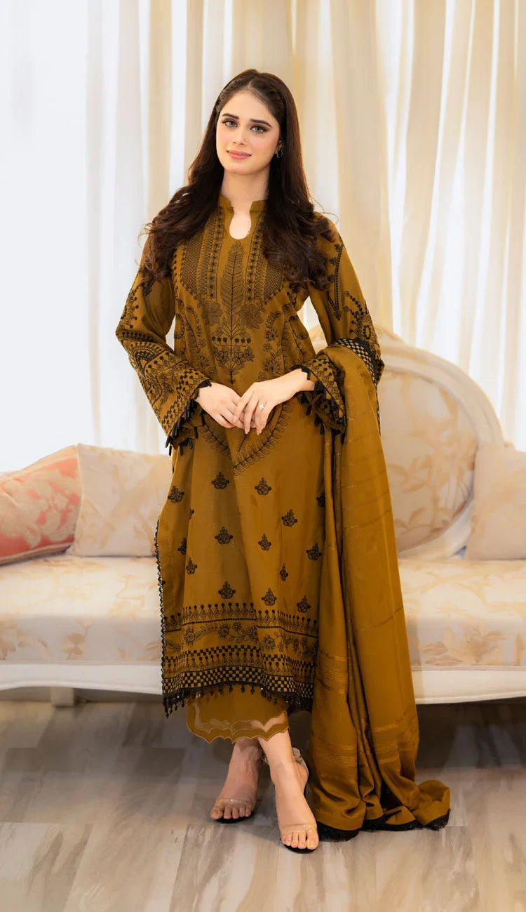 3-Piece Embroidered Dark Mustard Colored Dress with Bamber Sahfoon Dupatta
