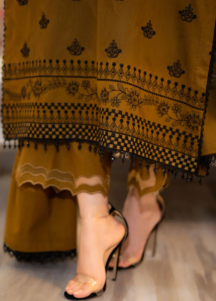 3-Piece Embroidered Dark Mustard Colored Dress with Bamber Sahfoon Dupatta