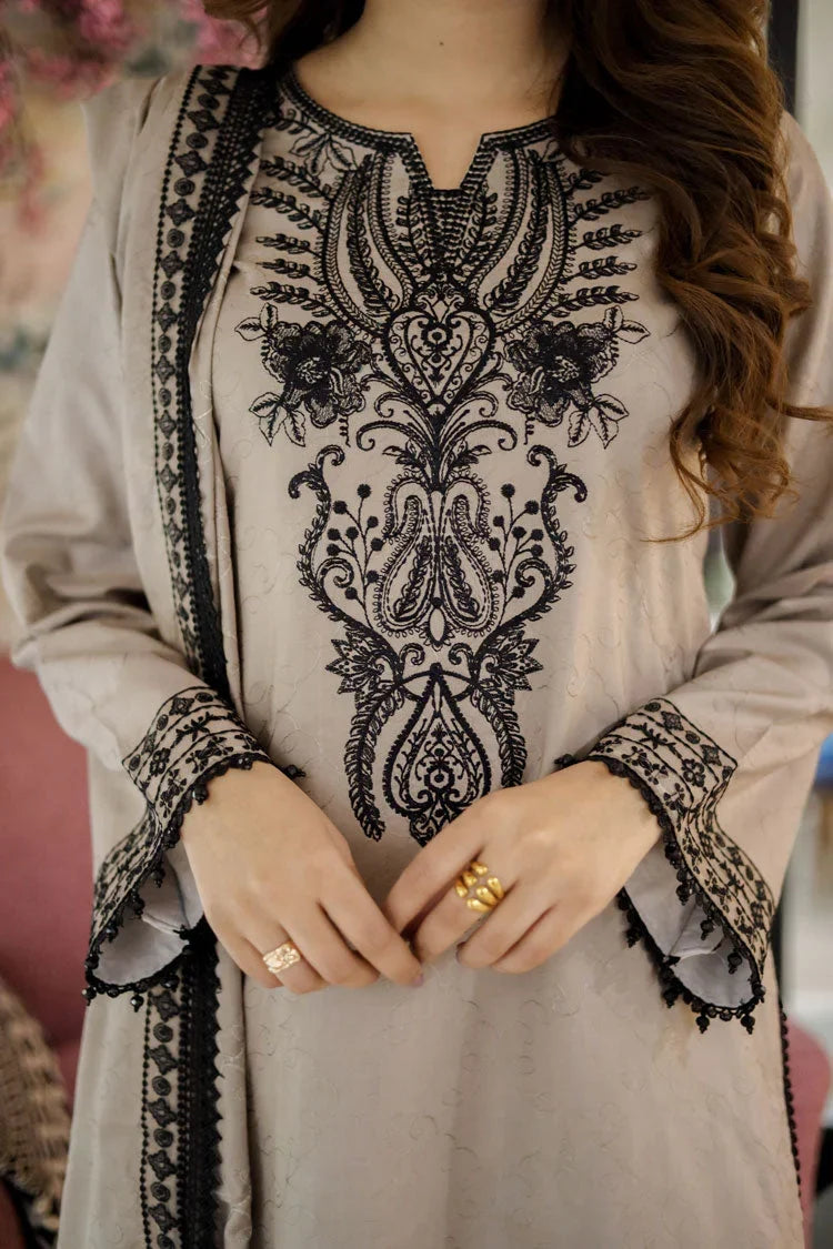3-Piece Embroidered Lawn Outfit with Bamber Sahfoon Dupatta
