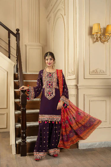 3-Piece Traditional Luxury Embroidered Outfit with Embridered Sleves and Trouser