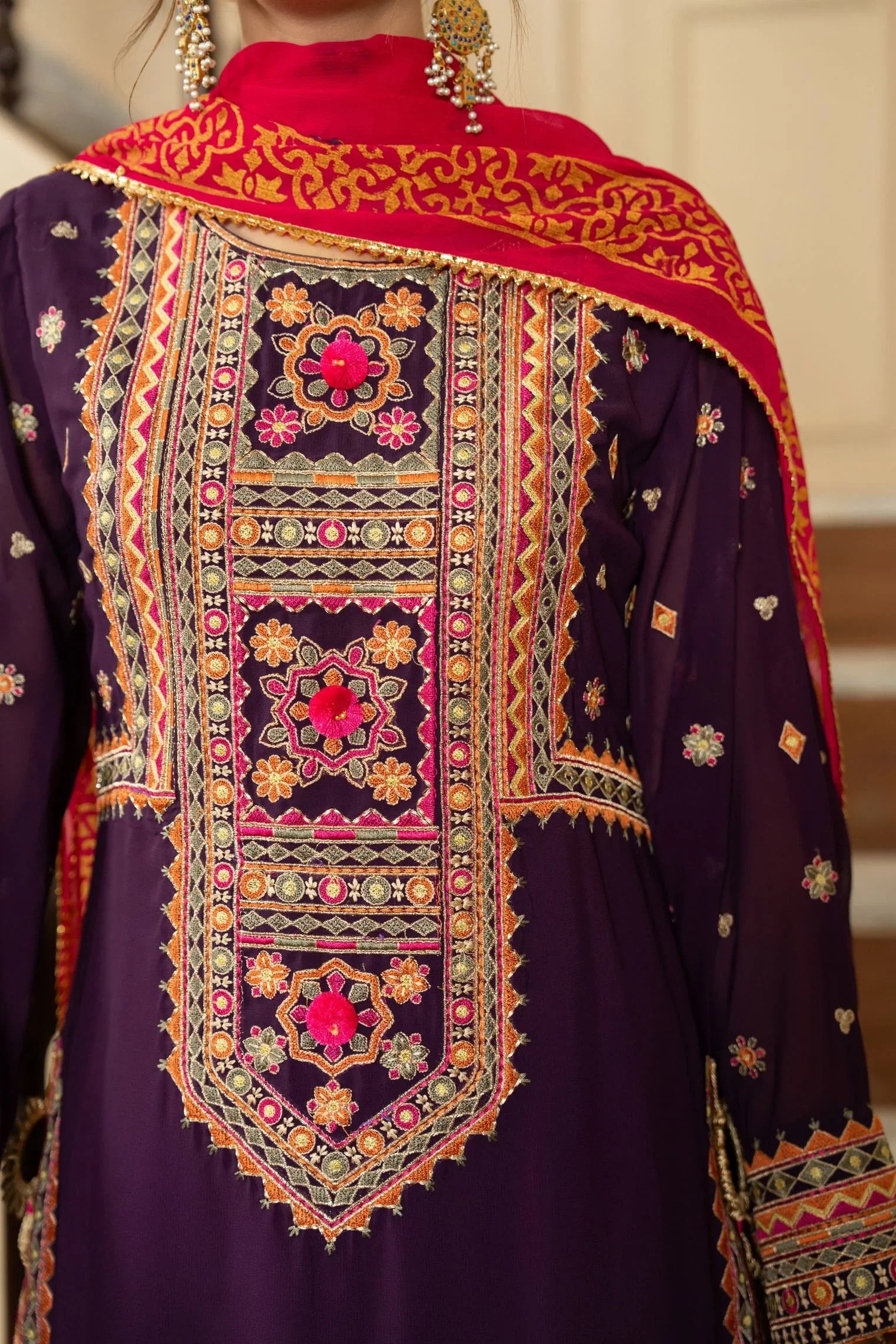 3-Piece Traditional Luxury Embroidered Outfit with Embridered Sleves and Trouser