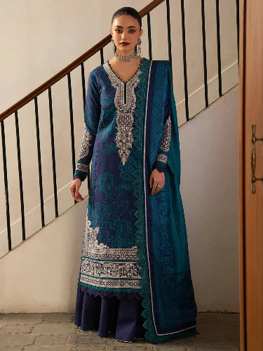 3-Piece Embroidered Lawn Dress Design for Summers with Slub Munaar Dupatta
