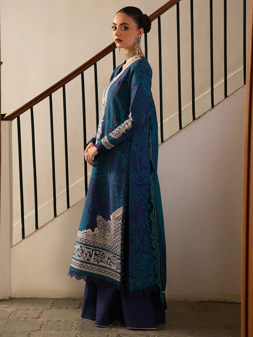 3-Piece Embroidered Lawn Dress Design for Summers with Slub Munaar Dupatta