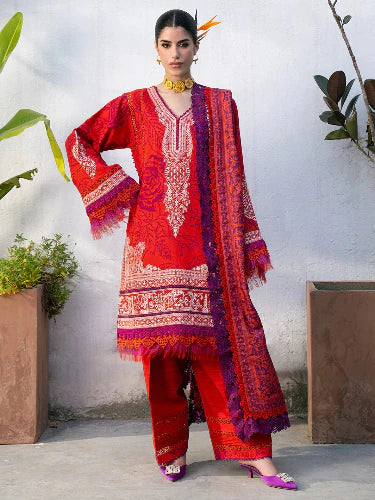 3-Piece Embroidered Red Color Lawn Dress for Summer and Eid Collection 2026