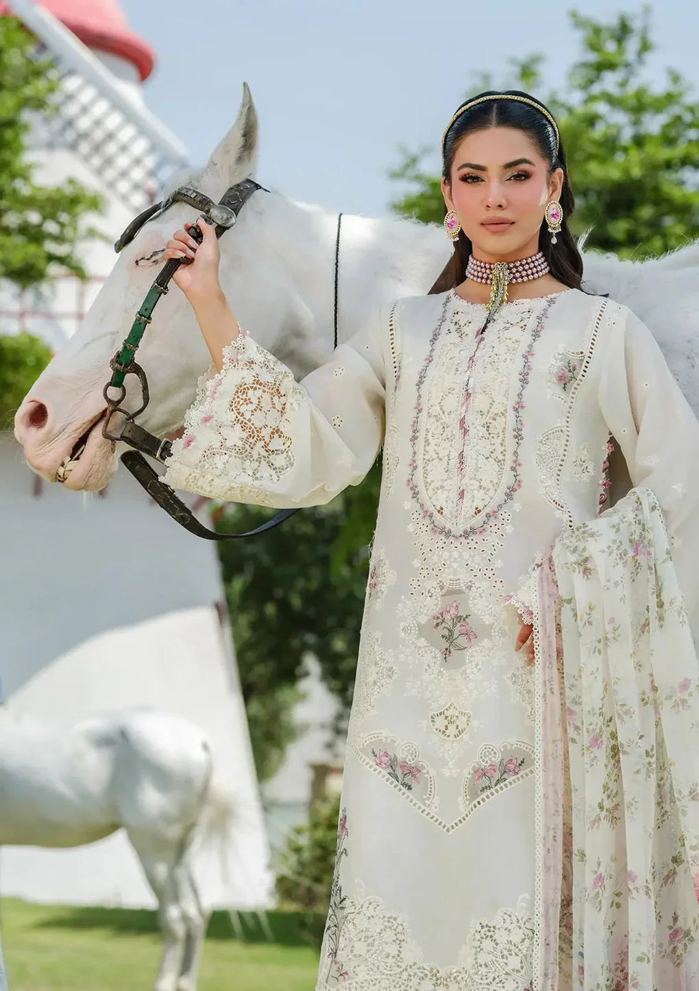 Traditional Lawn Outfit in Half white color with very little coral tone.