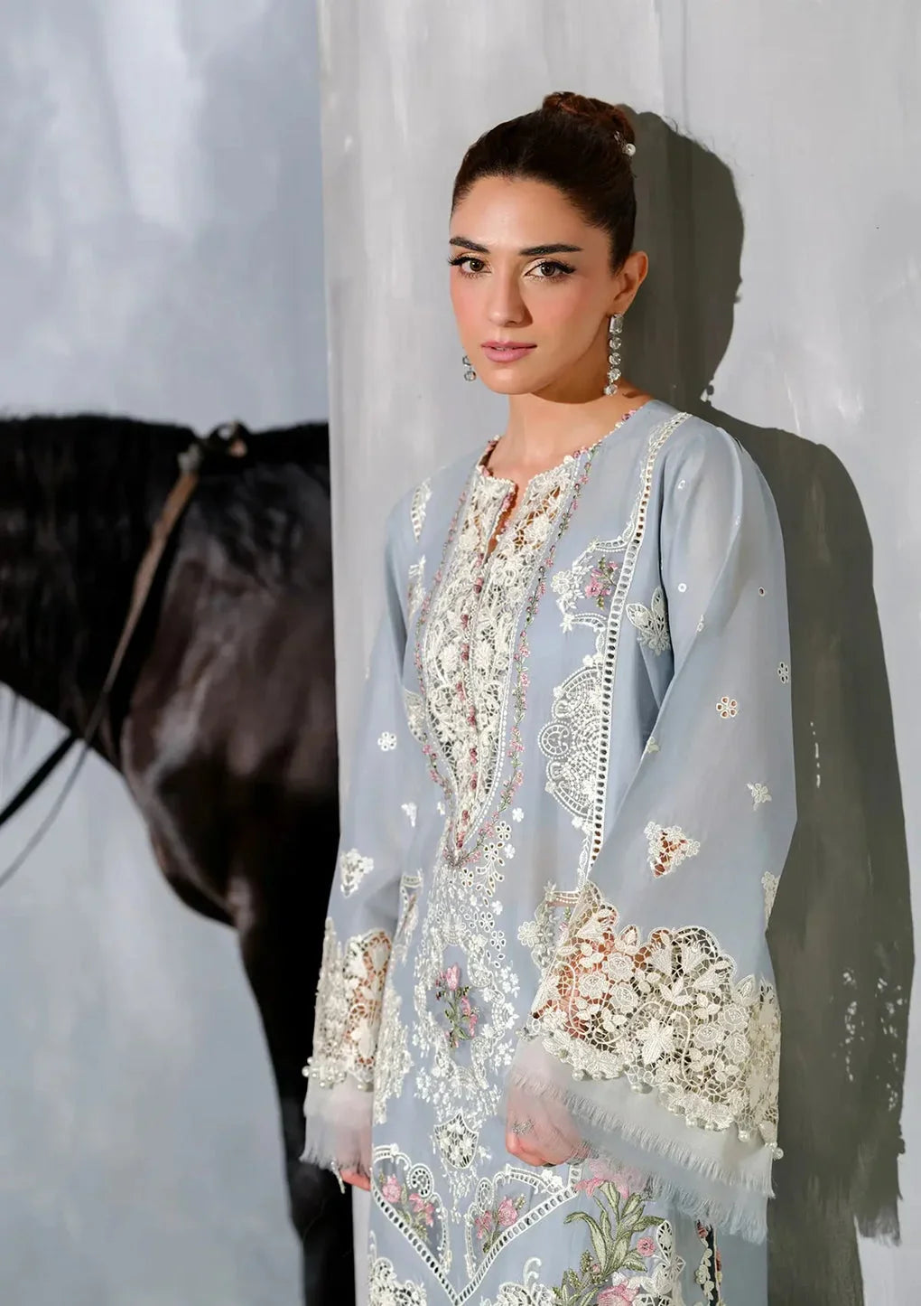 Gray Color Embroidered Lawn Dress with Premium Printed Chiffon Dupatta