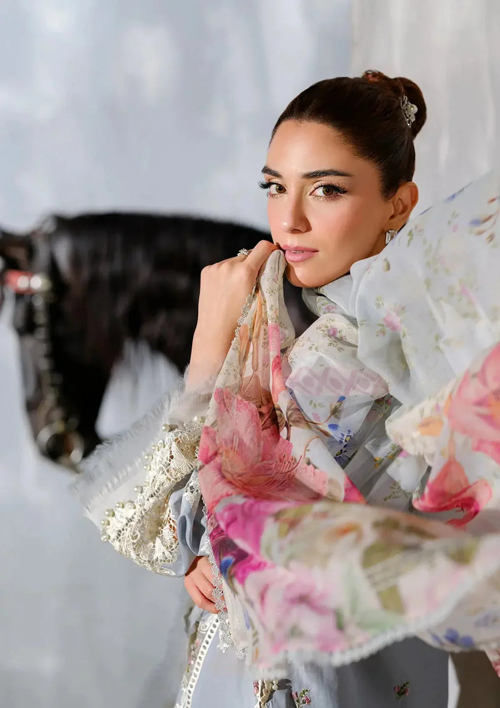 Gray Color Embroidered Lawn Dress with Premium Printed Chiffon Dupatta