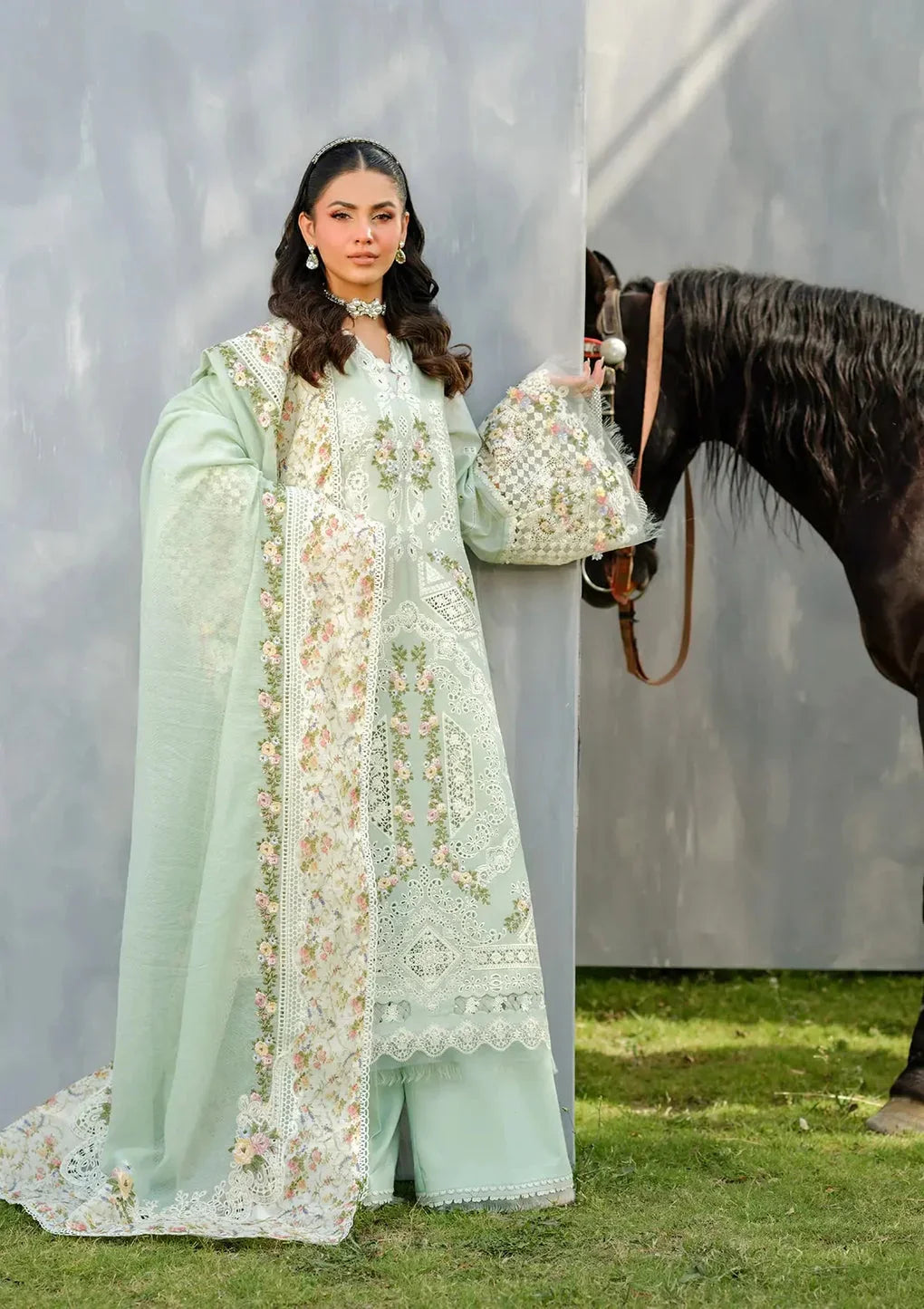 Light Green Lawn Embroidered Dress with Premium Khadi net Dupatta