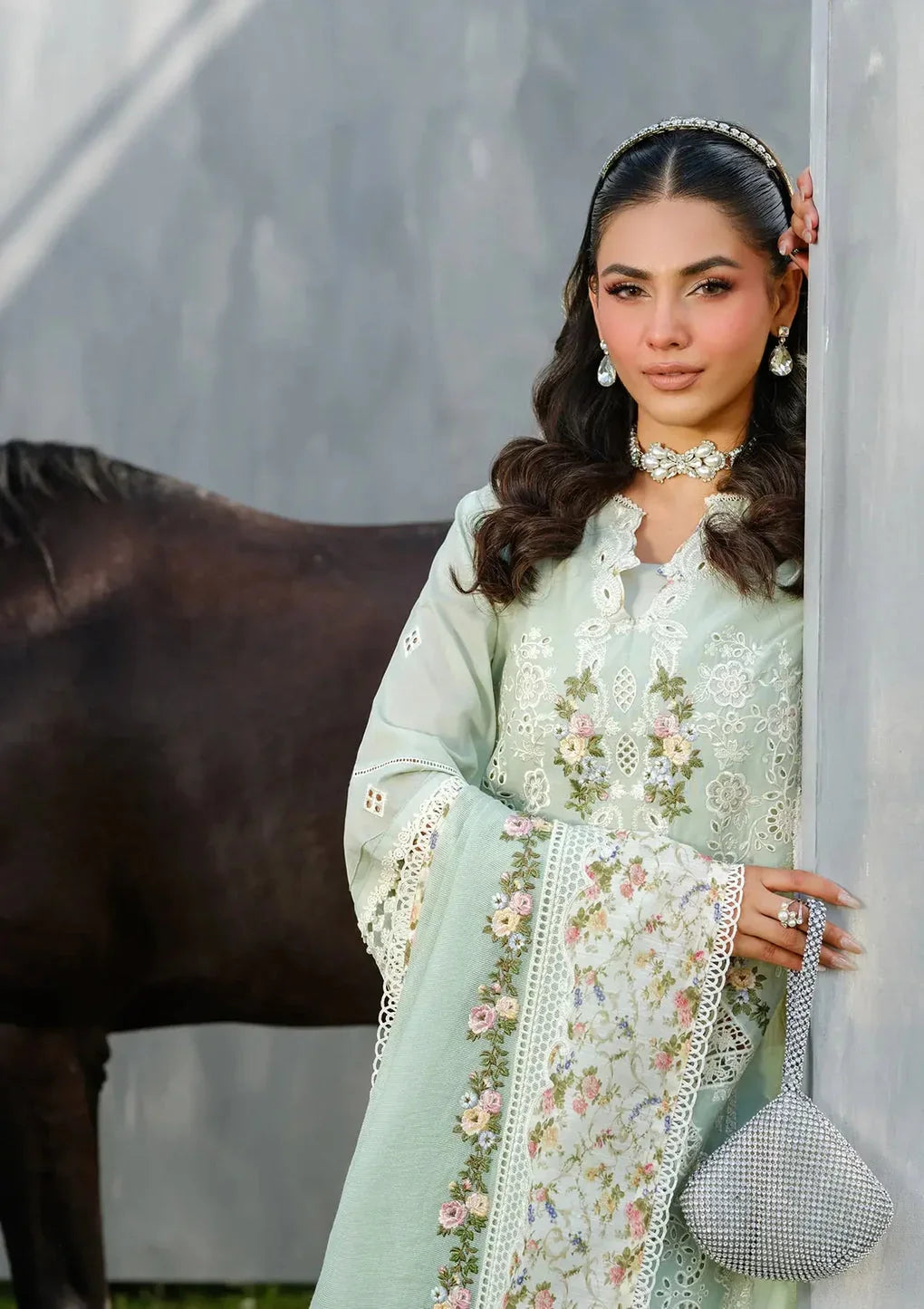 Light Green Lawn Embroidered Dress with Premium Khadi net Dupatta