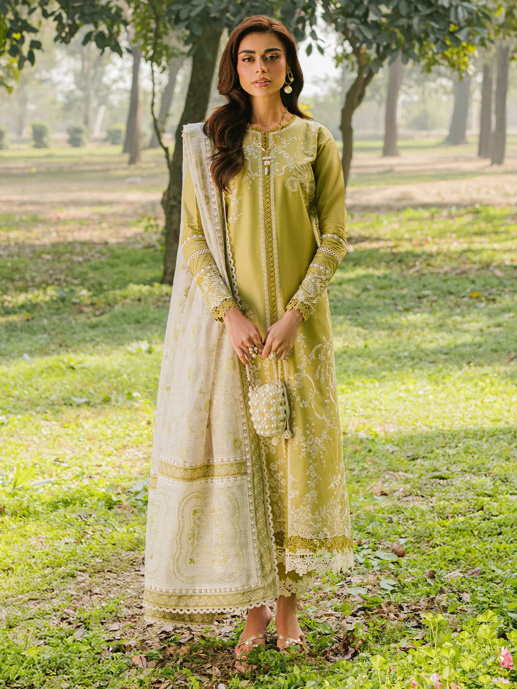 3-Piece Embroidered Lawn Pear Green Dress with Khadinet Dupatta