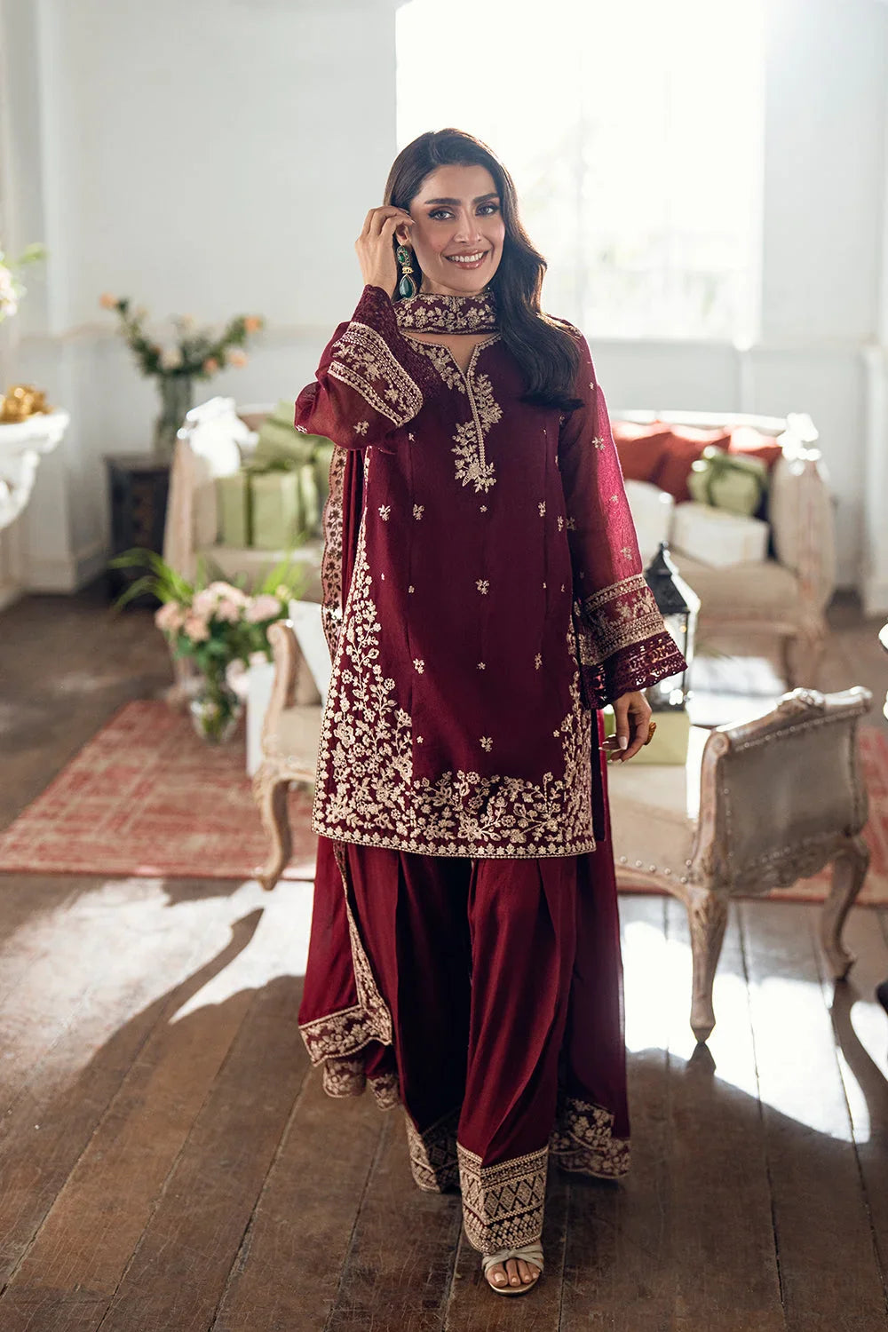 3-Piece Embroidered Lawn Dress Design with Printed Chiffon Dupatta