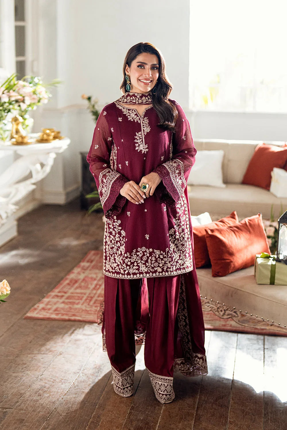 3-Piece Embroidered Lawn Dress Design with Printed Chiffon Dupatta