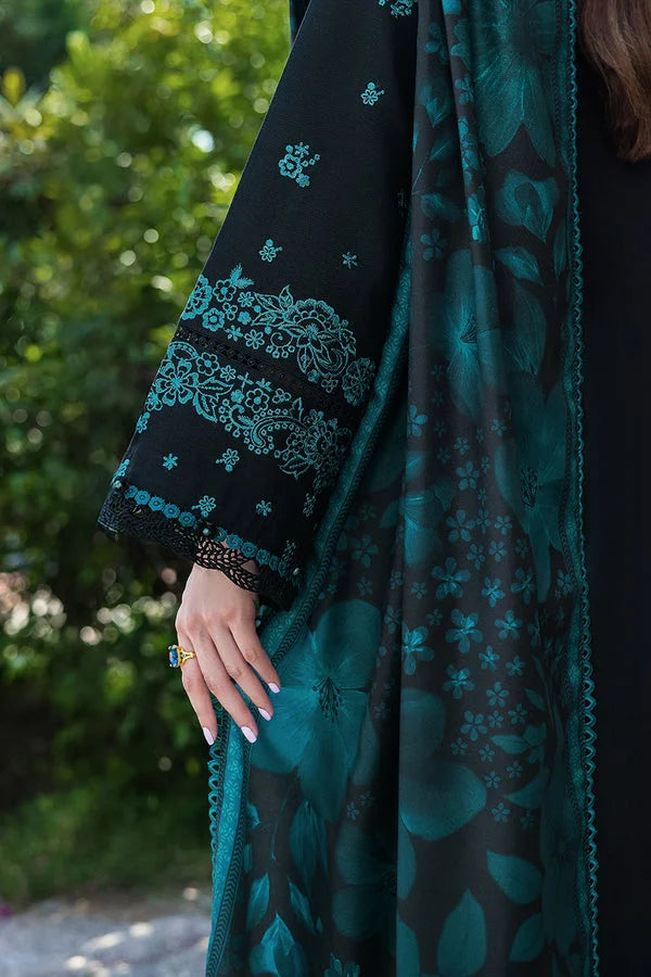 3-Piece Black Embroidered Lawn Dress Design with Chiffon Printed Dupatta