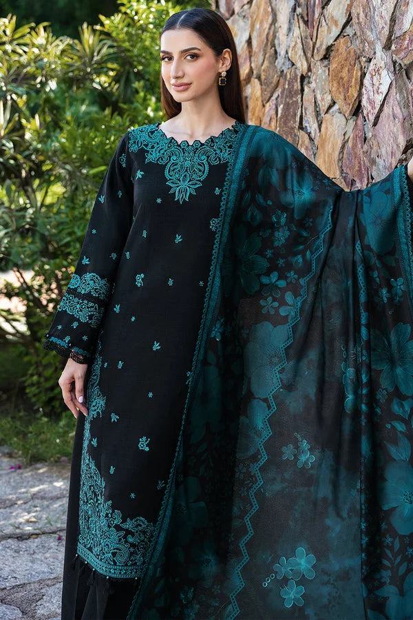 3-Piece Black Embroidered Lawn Dress Design with Chiffon Printed Dupatta
