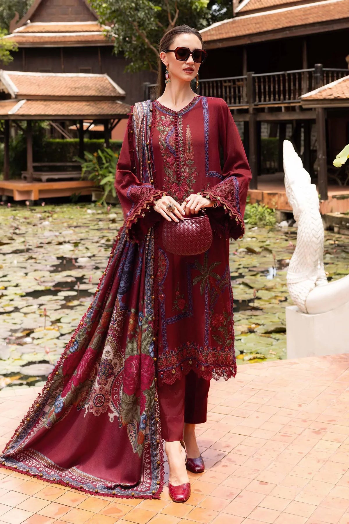 3-Piece Embroidered Lawn Dress in Rich Maroon Color with slub munaar dupatta