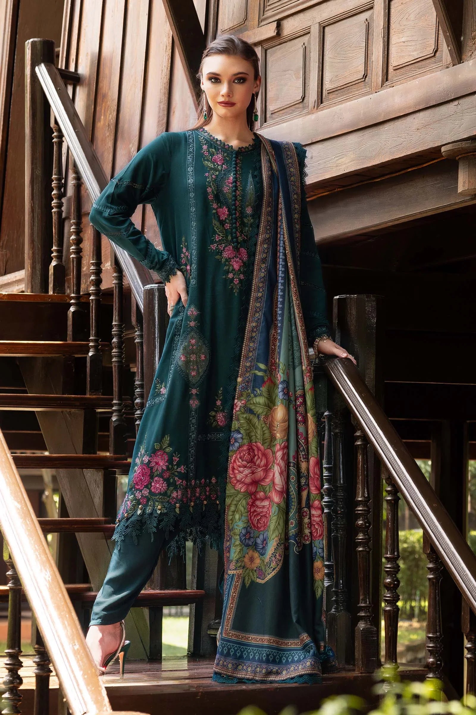 Embroidered Lawn Dress in Bottle Green for women's summer clothing 