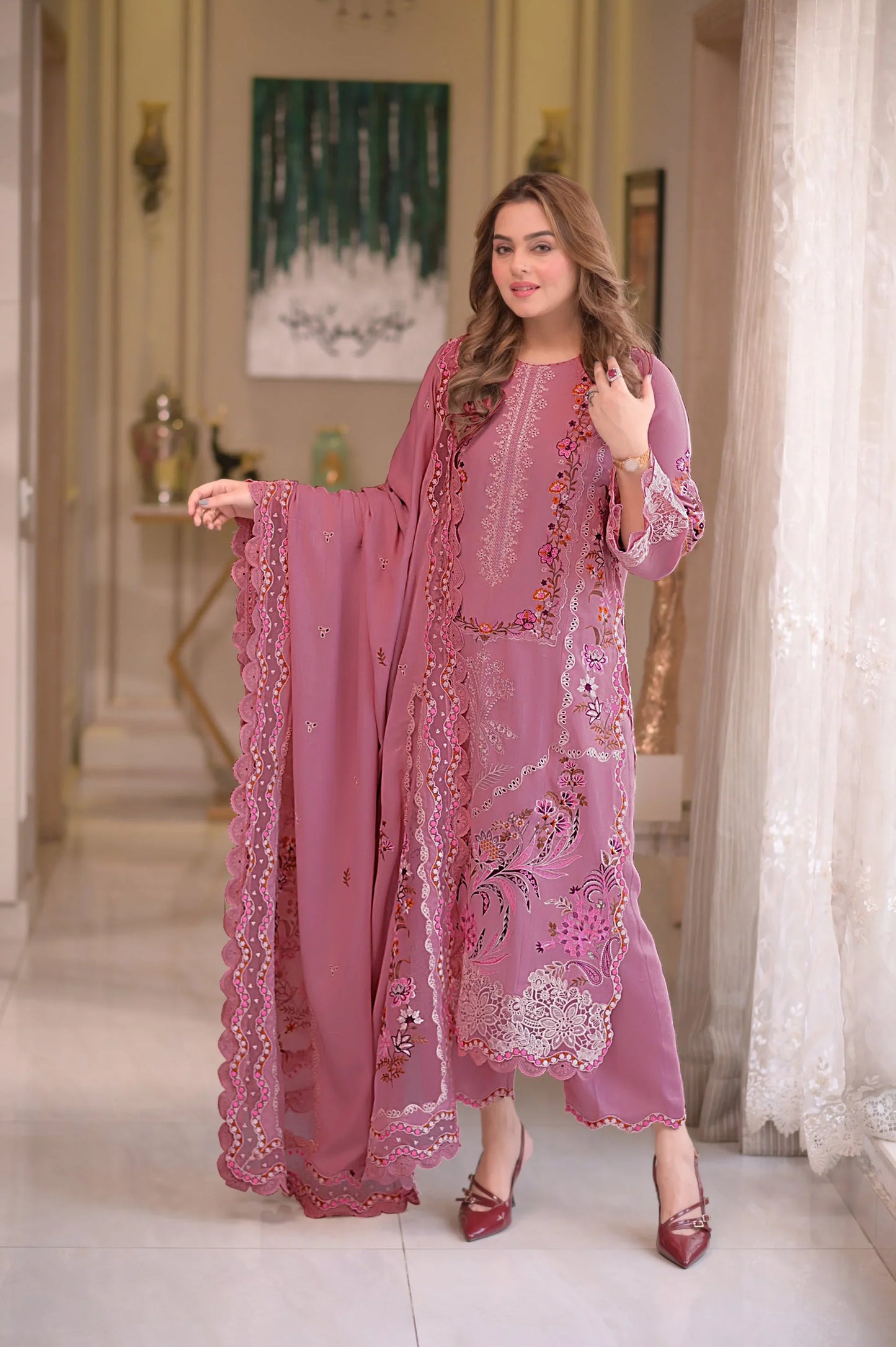 3-Piece Embroidered Lawn Outfit with Khadi net Dupatta