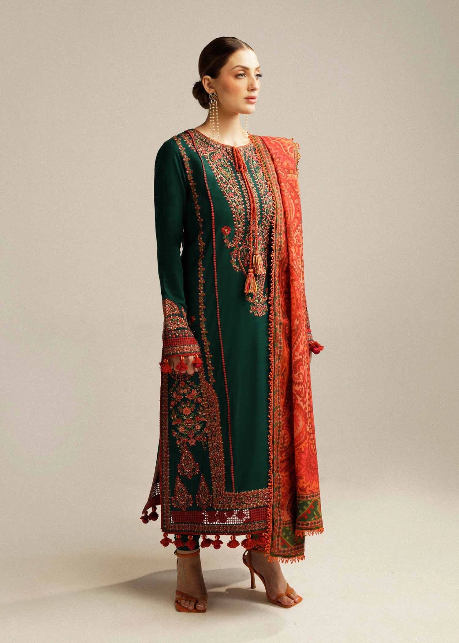Bottle Green Embroidered Lawn Dress Design with Digital Prinnted Dupatta, Traditional Outfit