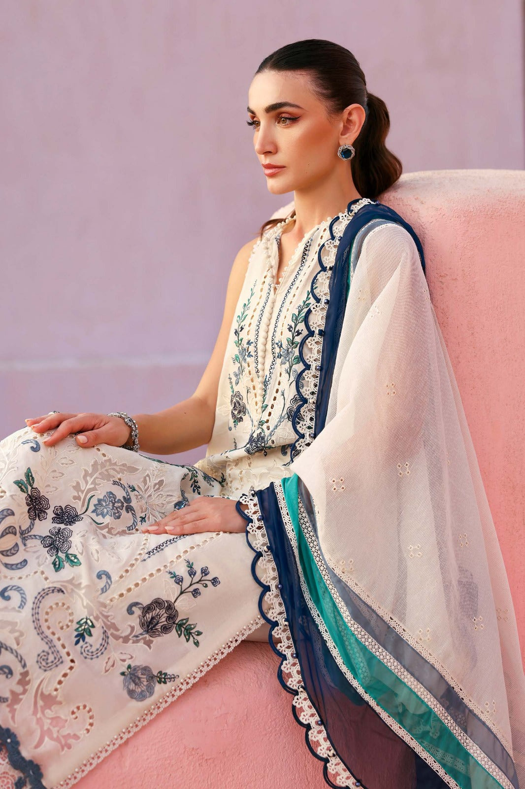 Off white Dress with Green Embroidery