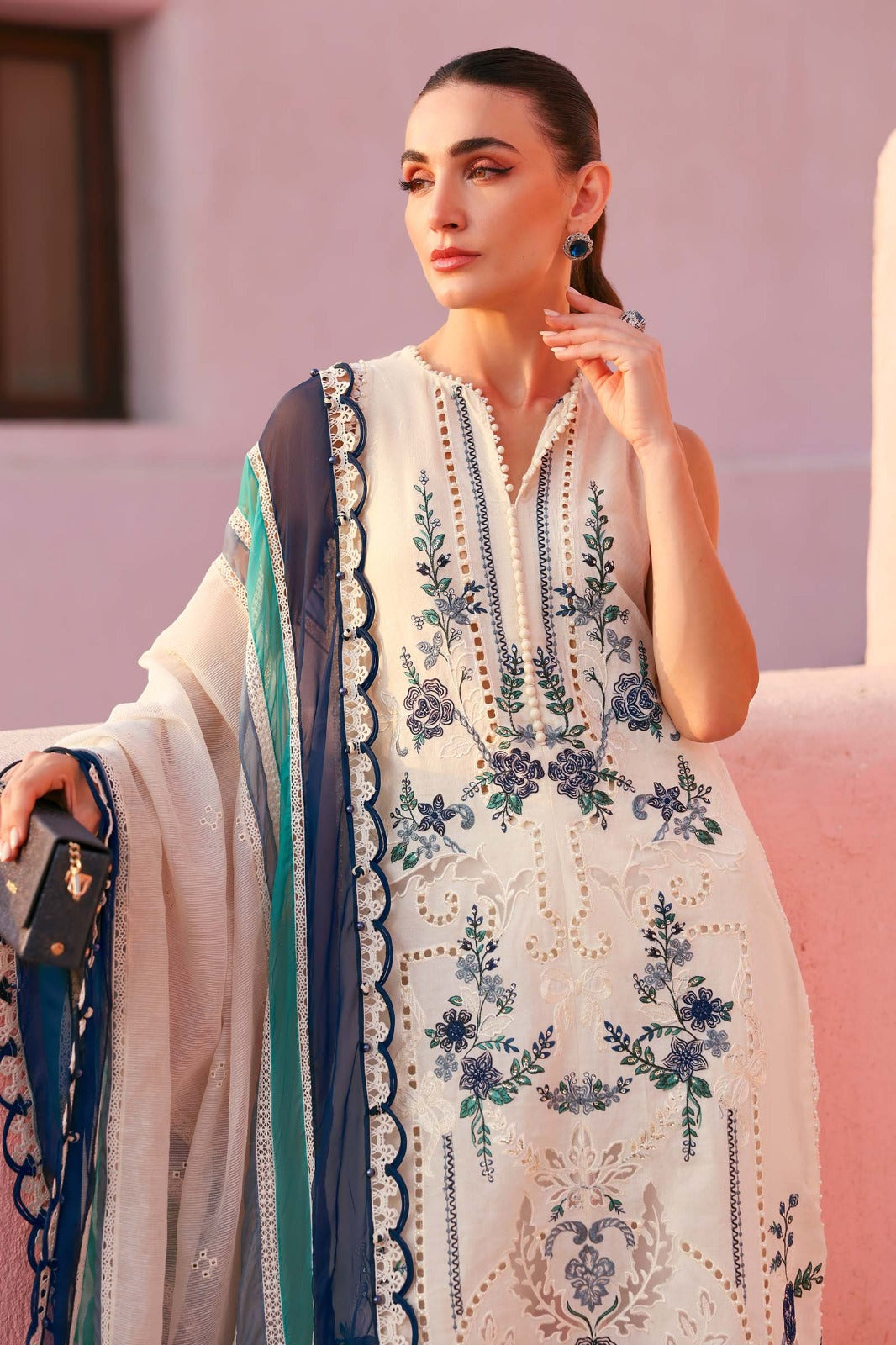 Off white Dress with Green Embroidery