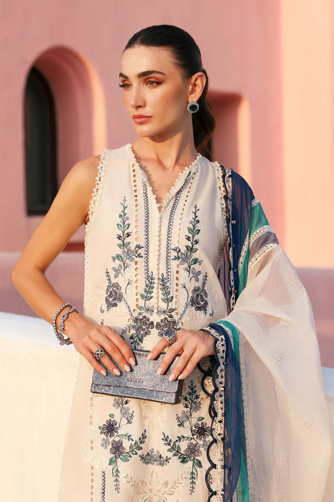 Off white Dress with Green Embroidery