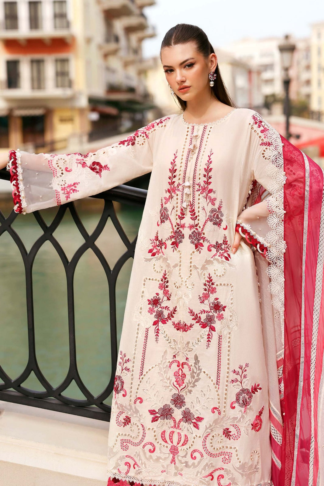 Off white Dress with Maroon Embroidery