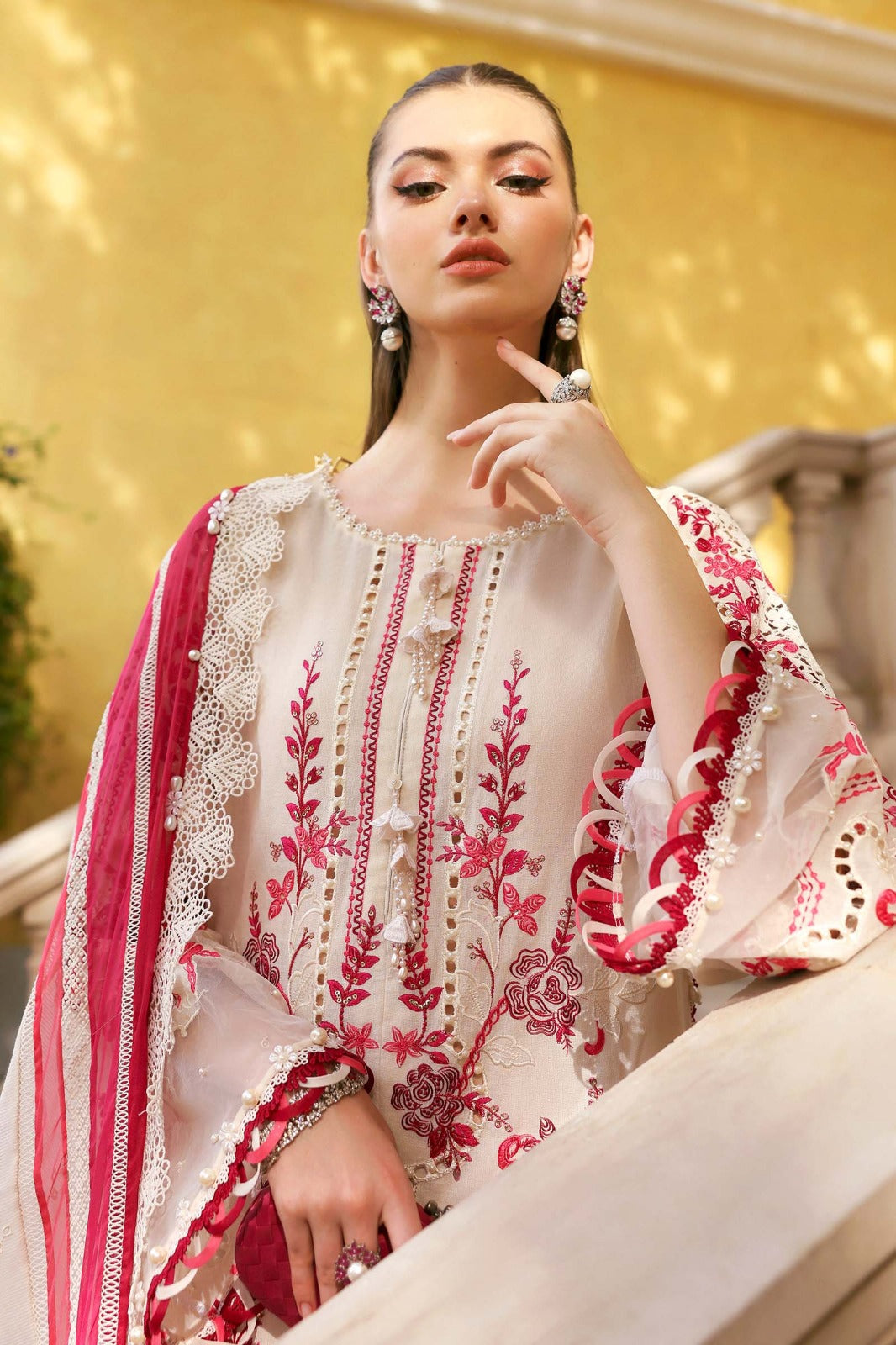 Off white Dress with Maroon Embroidery