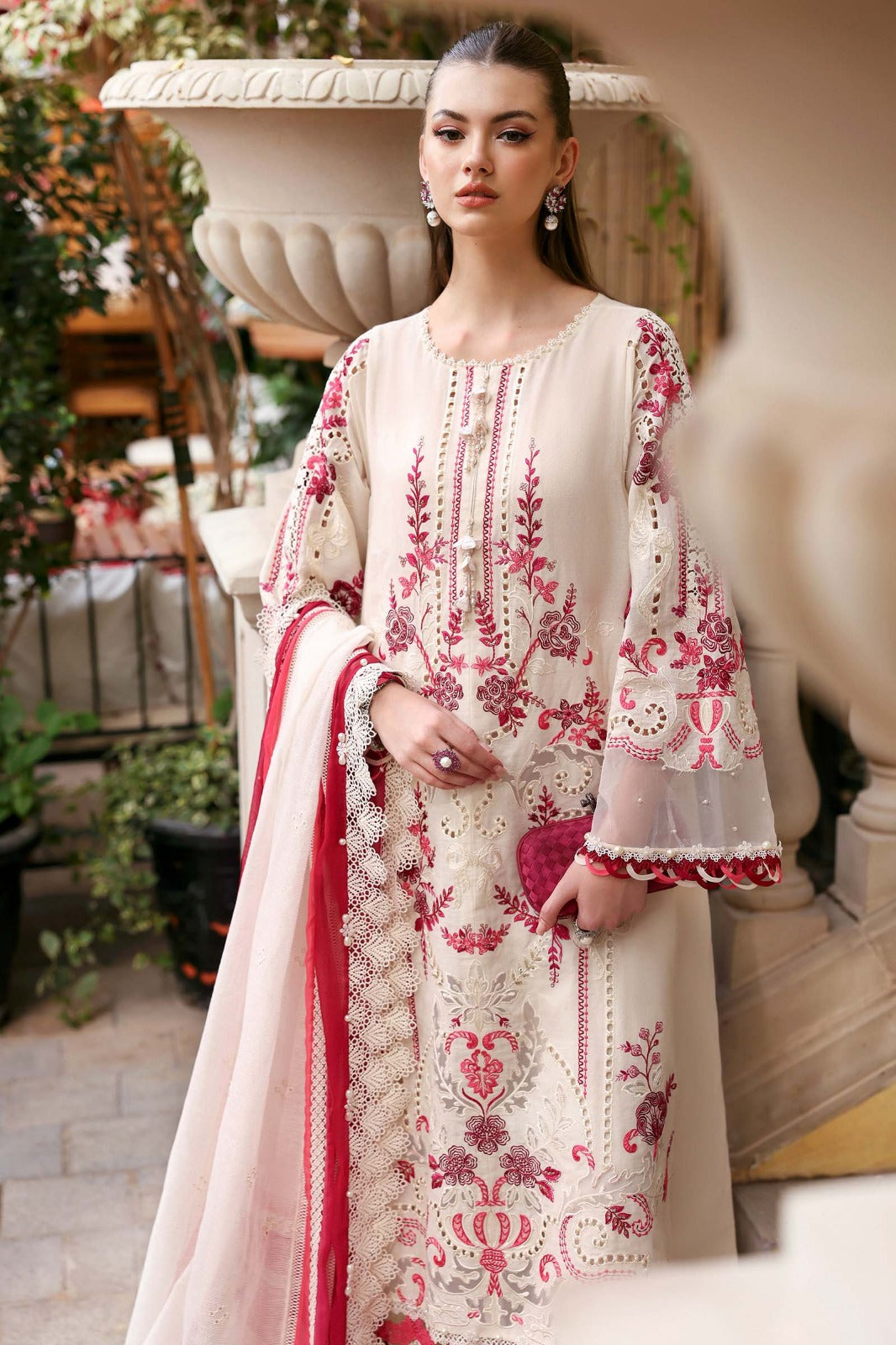 Off white Dress with Maroon Embroidery