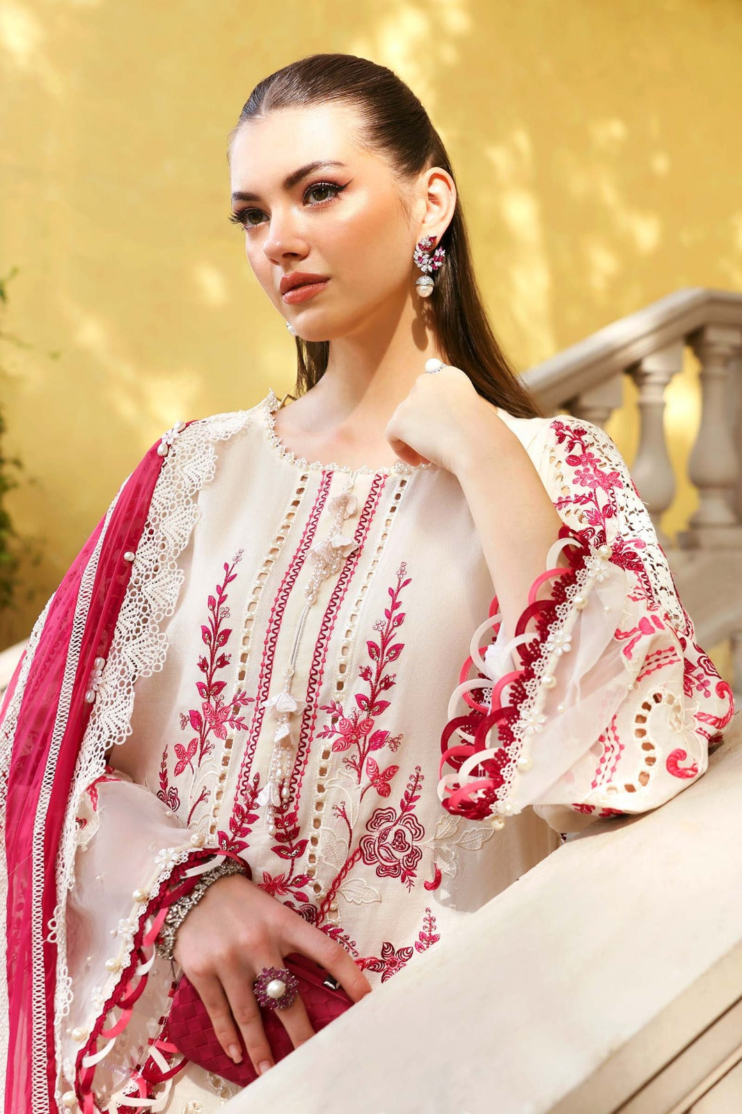 Off white Dress with Maroon Embroidery