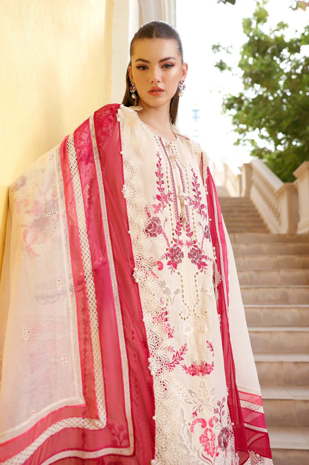 Off white Dress with Maroon Embroidery