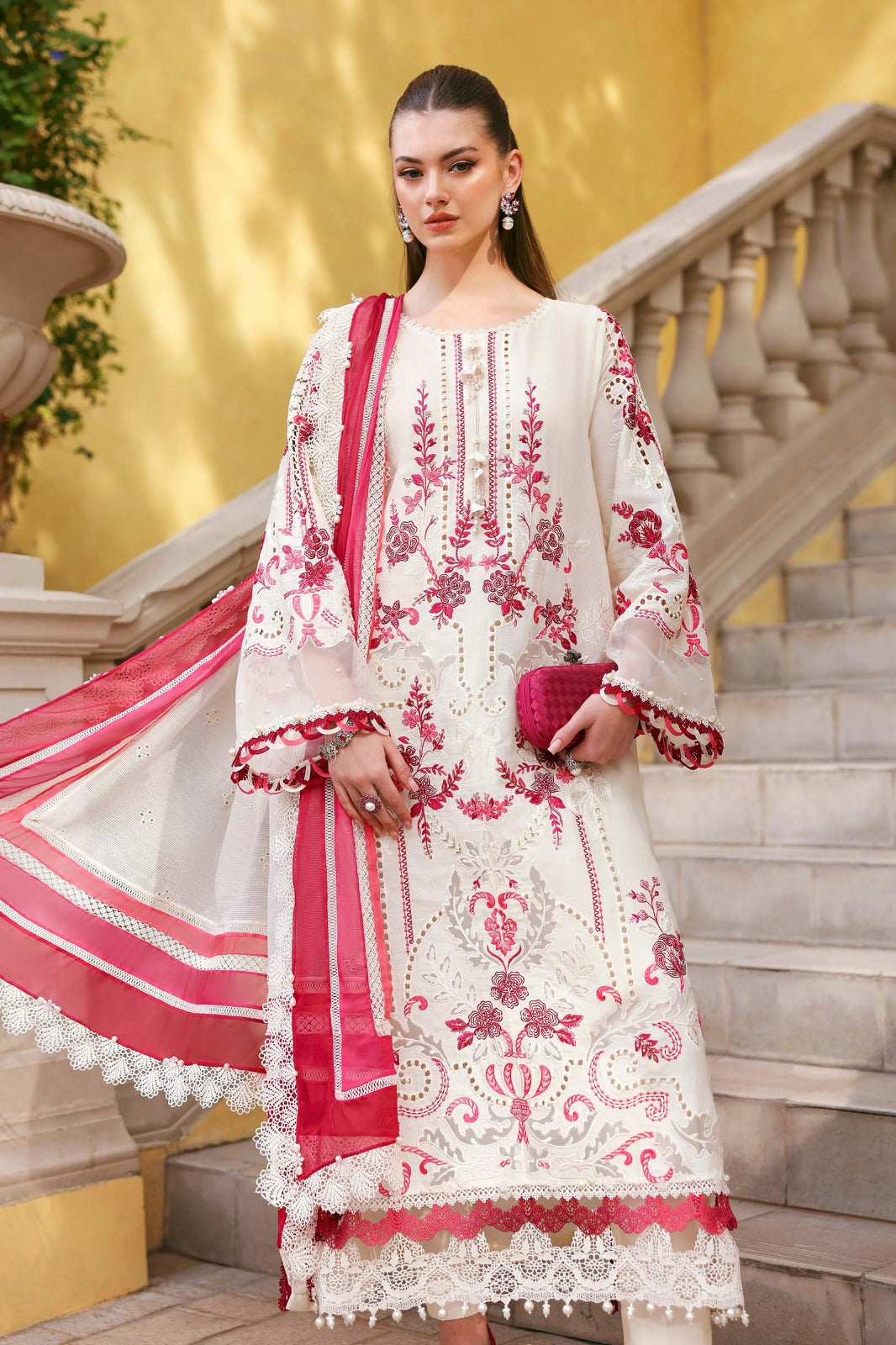 Off white Dress with Maroon Embroidery